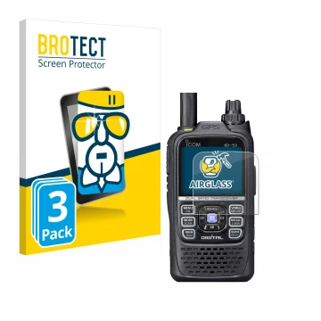 Parte frontal de un envase de producto con el logotipo de la marca BROTECT. Al lado se muestra el dispositivo Icom ID-51 con s