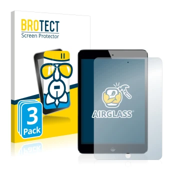 Parte frontal de un envase de producto con el logotipo de la marca BROTECT. Al lado se muestra el dispositivo Apple iPad Mini 
