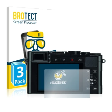 Parte frontal de un envase de producto con el logotipo de la marca BROTECT. Al lado se muestra el dispositivo Leica D-Lux (Typ