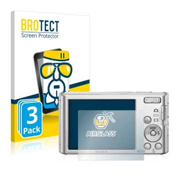Parte frontal de un envase de producto con el logotipo de la marca BROTECT. Al lado se muestra el dispositivo Sony Cyber-Shot 