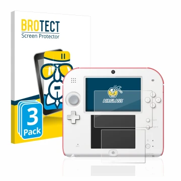 Parte frontal de un envase de producto con el logotipo de la marca BROTECT. Al lado se muestra el dispositivo Nintendo 2DS con