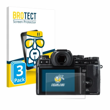 Parte frontal de un envase de producto con el logotipo de la marca BROTECT. Al lado se muestra el dispositivo Fujifilm X-T1 co