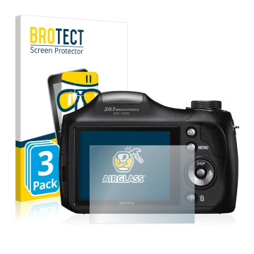 Parte frontal de un envase de producto con el logotipo de la marca BROTECT. Al lado se muestra el dispositivo Sony Cyber-Shot 