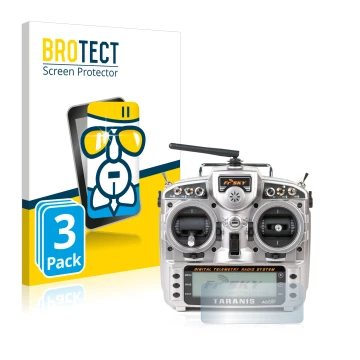 Parte frontal de un envase de producto con el logotipo de la marca BROTECT. Al lado se muestra el dispositivo FrSky Taranis X9