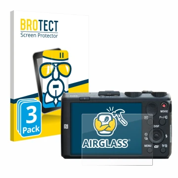 Parte frontal de un envase de producto con el logotipo de la marca BROTECT. Al lado se muestra el dispositivo Sony Cyber-Shot 