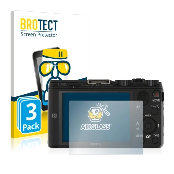 Parte frontal de un envase de producto con el logotipo de la marca BROTECT. Al lado se muestra el dispositivo Sony Cyber-Shot 