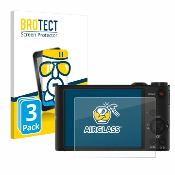 Parte frontal de un envase de producto con el logotipo de la marca BROTECT. Al lado se muestra el dispositivo Sony Cyber-Shot 