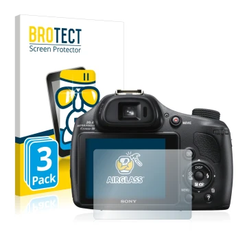 Parte frontal de un envase de producto con el logotipo de la marca BROTECT. Al lado se muestra el dispositivo Sony Cyber-Shot 