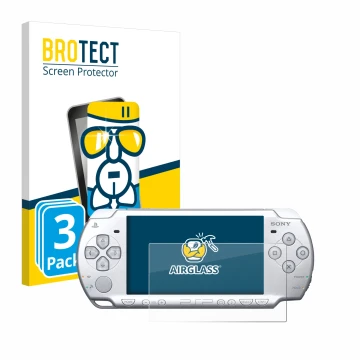 Parte frontal de un envase de producto con el logotipo de la marca BROTECT. Al lado se muestra el dispositivo Sony PSP 2004 co