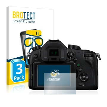Parte frontal de un envase de producto con el logotipo de la marca BROTECT. Al lado se muestra el dispositivo Panasonic Lumix 