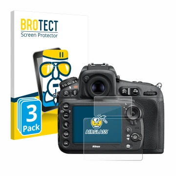 Parte frontal de un envase de producto con el logotipo de la marca BROTECT. Al lado se muestra el dispositivo Nikon D810 con s