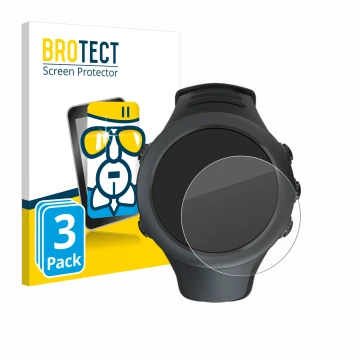 Parte frontal de un envase de producto con el logotipo de la marca BROTECT. Al lado se muestra el dispositivo Suunto Ambit3 Sp