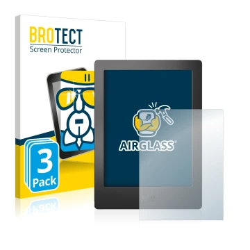 Parte frontal de un envase de producto con el logotipo de la marca BROTECT. Al lado se muestra el dispositivo Kobo Aura H2O co