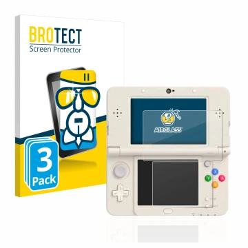 Parte frontal de un envase de producto con el logotipo de la marca BROTECT. Al lado se muestra el dispositivo Nintendo New 3DS