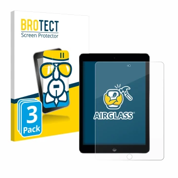 Parte frontal de un envase de producto con el logotipo de la marca BROTECT. Al lado se muestra el dispositivo Apple iPad Air 2