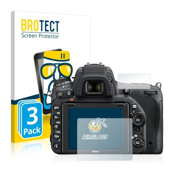 Parte frontal de un envase de producto con el logotipo de la marca BROTECT. Al lado se muestra el dispositivo Nikon D750 con s