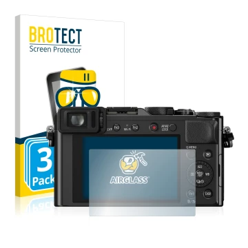 Parte frontal de un envase de producto con el logotipo de la marca BROTECT. Al lado se muestra el dispositivo Panasonic Lumix 