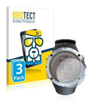 Parte frontal de un envase de producto con el logotipo de la marca BROTECT. Al lado se muestra el dispositivo Suunto Ambit3 Pe