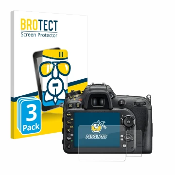 Parte frontal de un envase de producto con el logotipo de la marca BROTECT. Al lado se muestra el dispositivo Nikon D7200 con 