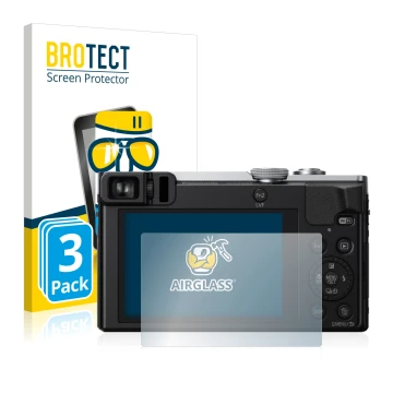 Parte frontal de un envase de producto con el logotipo de la marca BROTECT. Al lado se muestra el dispositivo Panasonic Lumix 