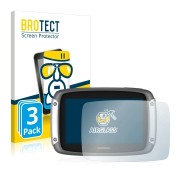 Parte frontal de un envase de producto con el logotipo de la marca BROTECT. Al lado se muestra el dispositivo TomTom Rider 400