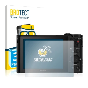 Parte frontal de un envase de producto con el logotipo de la marca BROTECT. Al lado se muestra el dispositivo Sony Cyber-Shot 