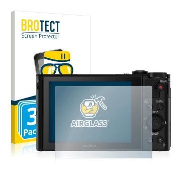 Parte frontal de un envase de producto con el logotipo de la marca BROTECT. Al lado se muestra el dispositivo Sony Cyber-Shot 