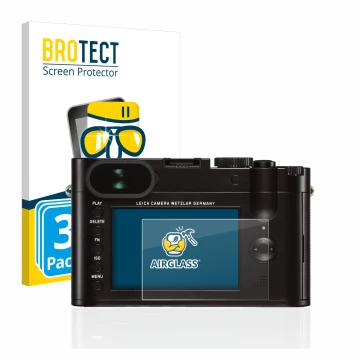 Parte frontal de un envase de producto con el logotipo de la marca BROTECT. Al lado se muestra el dispositivo Leica Q (Typ 116