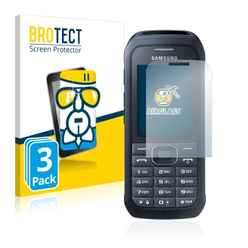 Parte frontal de un envase de producto con el logotipo de la marca BROTECT. Al lado se muestra el dispositivo Samsung Xcover 5