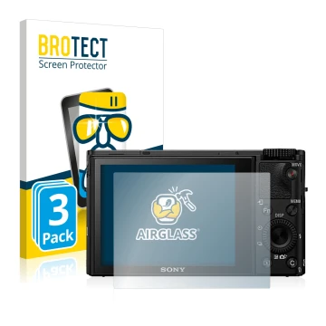 Parte frontal de un envase de producto con el logotipo de la marca BROTECT. Al lado se muestra el dispositivo Sony Cyber-Shot 
