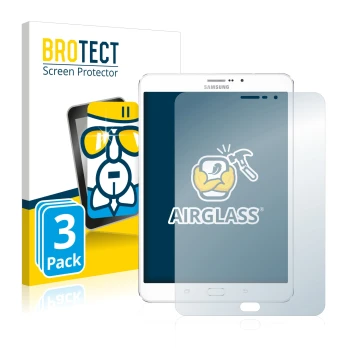 Parte frontal de un envase de producto con el logotipo de la marca BROTECT. Al lado se muestra el dispositivo Samsung Galaxy T