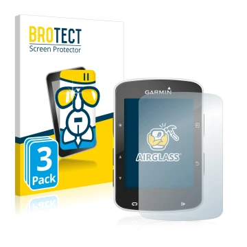 Parte frontal de un envase de producto con el logotipo de la marca BROTECT. Al lado se muestra el dispositivo Garmin Edge 520 