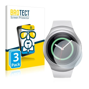 Parte frontal de un envase de producto con el logotipo de la marca BROTECT. Al lado se muestra el dispositivo Samsung Gear S2 