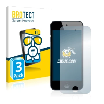 Parte frontal de un envase de producto con el logotipo de la marca BROTECT. Al lado se muestra el dispositivo Apple iPod Touch