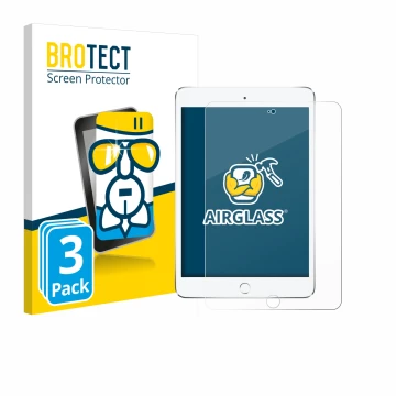 Parte frontal de un envase de producto con el logotipo de la marca BROTECT. Al lado se muestra el dispositivo Apple iPad Mini 