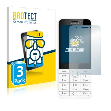 Parte frontal de un envase de producto con el logotipo de la marca BROTECT. Al lado se muestra el dispositivo Nokia 230 con su