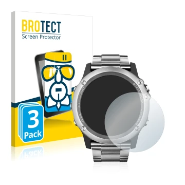 Parte frontal de un envase de producto con el logotipo de la marca BROTECT. Al lado se muestra el dispositivo Garmin Fenix 3 S
