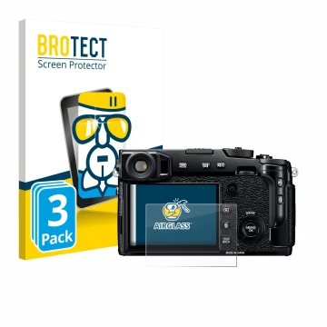 Parte frontal de un envase de producto con el logotipo de la marca BROTECT. Al lado se muestra el dispositivo Fujifilm X-Pro2 
