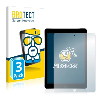 Parte frontal de un envase de producto con el logotipo de la marca BROTECT. Al lado se muestra el dispositivo Apple iPad Pro 9