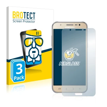 Parte frontal de un envase de producto con el logotipo de la marca BROTECT. Al lado se muestra el dispositivo Samsung Galaxy J