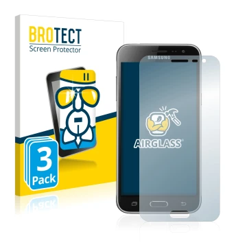 Parte frontal de un envase de producto con el logotipo de la marca BROTECT. Al lado se muestra el dispositivo Samsung Galaxy J