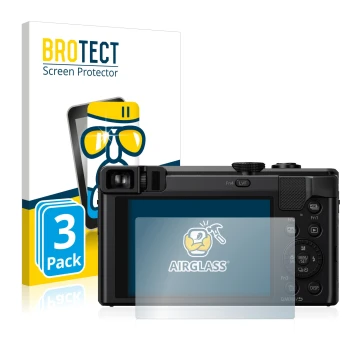 Parte frontal de un envase de producto con el logotipo de la marca BROTECT. Al lado se muestra el dispositivo Panasonic Lumix 