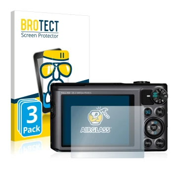 Parte frontal de un envase de producto con el logotipo de la marca BROTECT. Al lado se muestra el dispositivo Canon PowerShot 