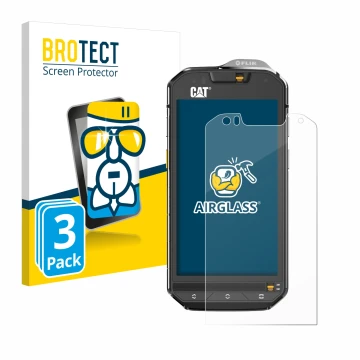 Parte frontal de un envase de producto con el logotipo de la marca BROTECT. Al lado se muestra el dispositivo Caterpillar Cat 