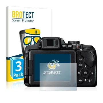 Parte frontal de un envase de producto con el logotipo de la marca BROTECT. Al lado se muestra el dispositivo Nikon Coolpix B7