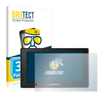 Parte frontal de un envase de producto con el logotipo de la marca BROTECT. Al lado se muestra el dispositivo Garmin DriveSmar