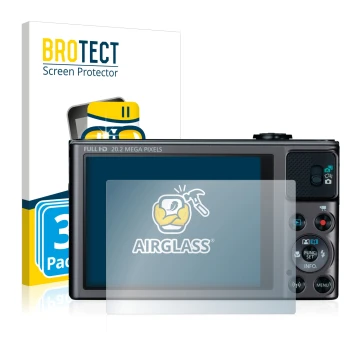 Parte frontal de un envase de producto con el logotipo de la marca BROTECT. Al lado se muestra el dispositivo Canon PowerShot 