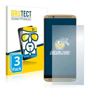 Parte frontal de un envase de producto con el logotipo de la marca BROTECT. Al lado se muestra el dispositivo ZTE Axon 7 con s