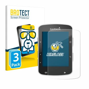 Parte frontal de un envase de producto con el logotipo de la marca BROTECT. Al lado se muestra el dispositivo Garmin Edge 820 