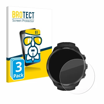 Parte frontal de un envase de producto con el logotipo de la marca BROTECT. Al lado se muestra el dispositivo Suunto Spartan S